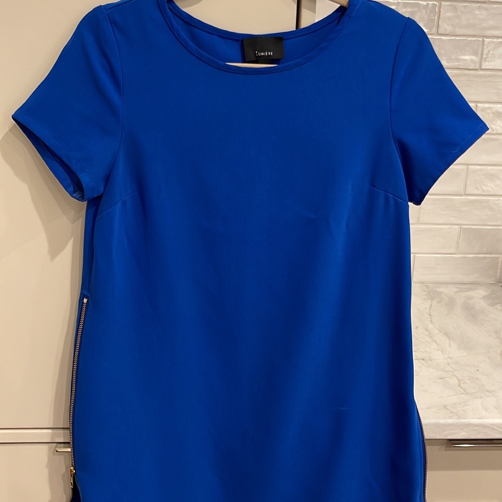 Blue shift dress with gold zipper